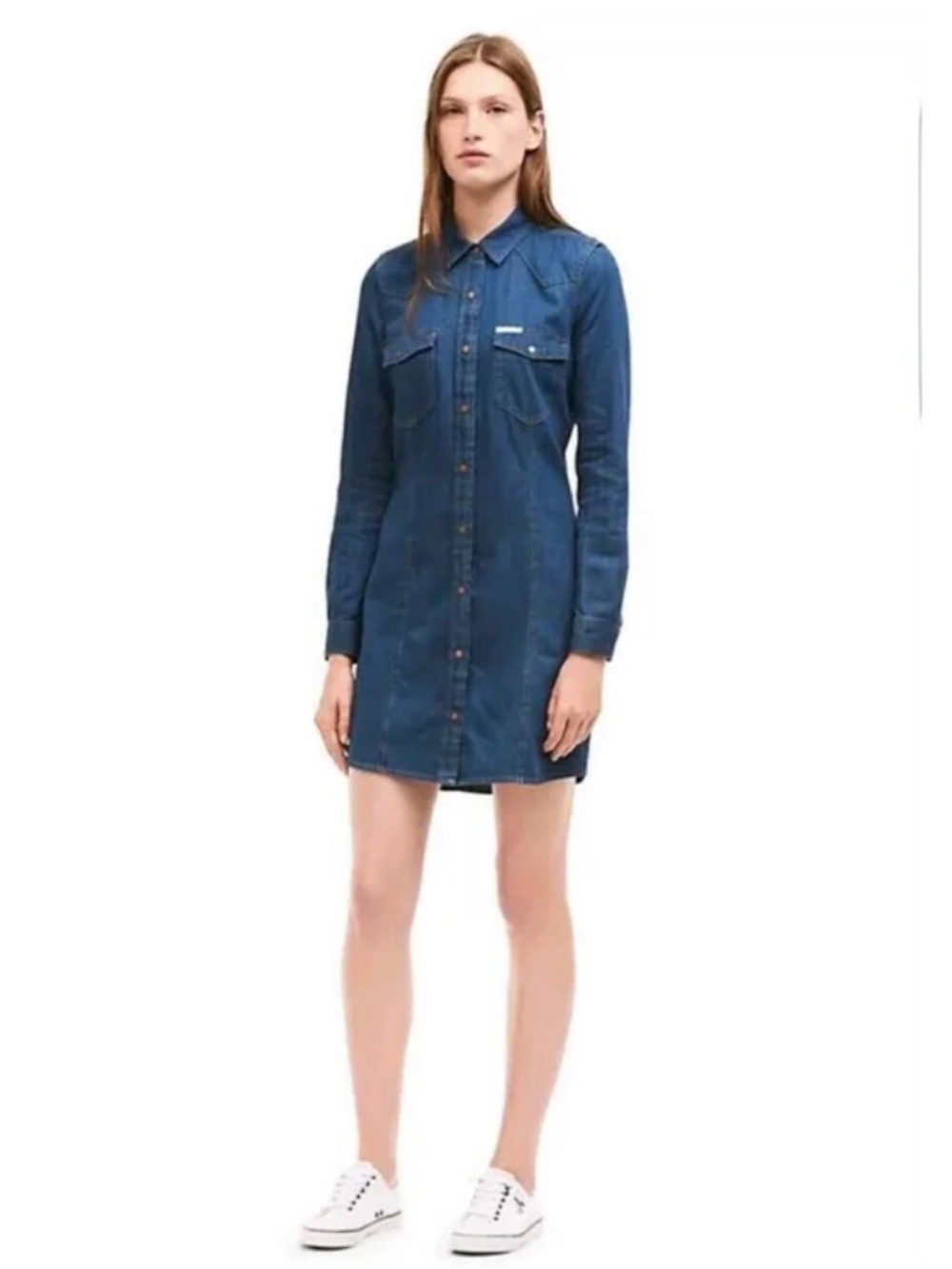 Calvin Klein Jeans Indigo Denim Shirt snap front buttons L western Mini Dress